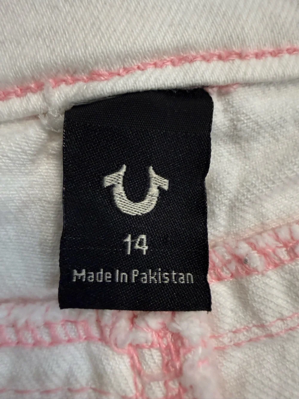 True Religion women’s Maisie Cargo Shorts. White with pink stiching. Size 14
